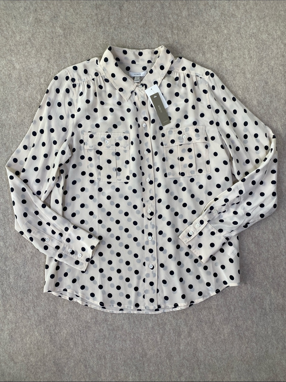 NWT J. Crew Cream Silk Blouse with Black Polka Dots | Size 10